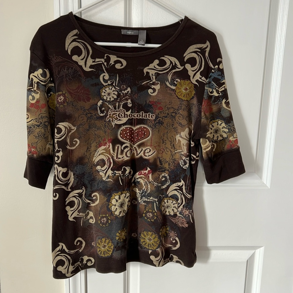 Apt 9 Vanilla Chocolate Love 1/2 Sleeve Shirt with rhinestones